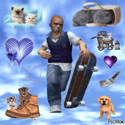 A Picture Of A Man Holding A Skateboard Surrounded By Kittens And A Dog With The Words Picmix At The Bottom GIF