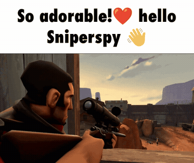 A Picture Of A Man Holding A Sniper Rifle With The Words So Adorable Hello Sniperspy GIF