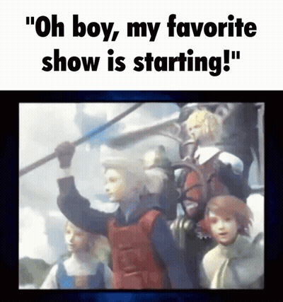 A Picture Of A Man Holding A Spear With The Caption " Oh Boy My Favorite Show Is Starting " GIF