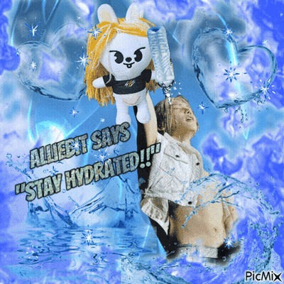 A Picture Of A Man Holding A Stuffed Bunny With The Words " Alliett Says Stay Hydrated " GIF