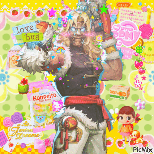 A Picture Of A Man Holding A Sword And A Book That Says Love Bug On It GIF