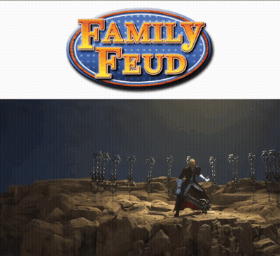 A Picture Of A Man Holding A Sword Next To A Logo For Family Feud GIF