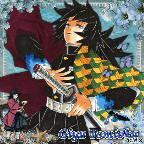 A Picture Of A Man Holding A Sword With The Name Giyu Tomioka On The Bottom GIF