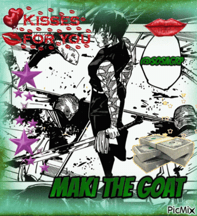 A Picture Of A Man Holding A Sword With The Words " Maki The Goat " On It GIF