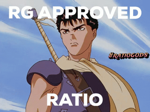 A Picture Of A Man Holding A Sword With The Words Rg Approved Ratio Below Him GIF