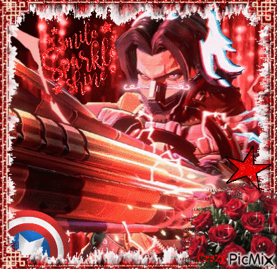A Picture Of A Man Holding A Sword With The Words Smile Sparkly Love Written In The Background GIF