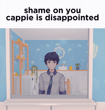 a picture of a man in a bathroom with the words shame on you cappie is disappointed