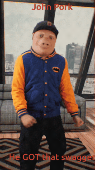 A Picture Of A Man In A Batman Jacket With The Caption John Pork GIF