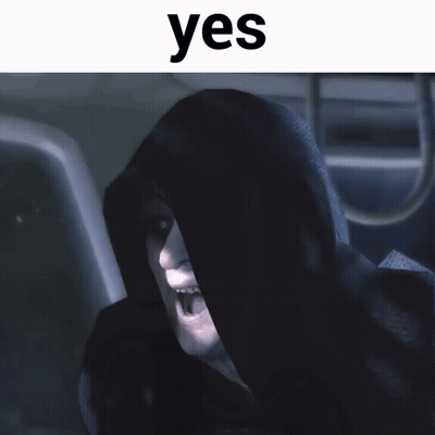 A Picture Of A Man In A Black Hood With The Word Yes Above Him GIF