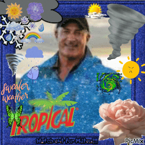 A Picture Of A Man In A Blue Jacket With Tropical Written On The Bottom GIF