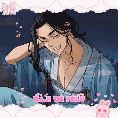 A Picture Of A Man In A Blue Kimono With The Words Baju De Fely On The Bottom GIF