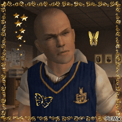 A Picture Of A Man In A Blue Vest With A Gold Butterfly On His Chest GIF
