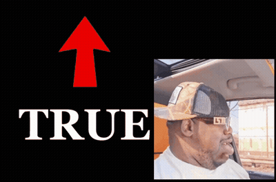 A Picture Of A Man In A Car With A Red Arrow Pointing Up That Says True GIF