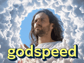 A Picture Of A Man In A Cloudy Sky With The Words Godspeed Below Him GIF