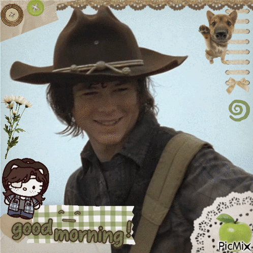 A Picture Of A Man In A Cowboy Hat With The Words Good Morning Written On It GIF