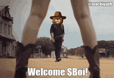 A Picture Of A Man In A Cowboy Hat With The Words Welcome $ Boi On The Bottom GIF