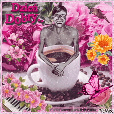 A Picture Of A Man In A Cup Of Coffee With The Words Dzien Dobry Written Above Him GIF