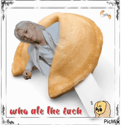A Picture Of A Man In A Fortune Cookie With The Words Who Ate The Luck Below It GIF