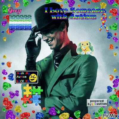 A Picture Of A Man In A Green Suit And Top Hat With The Words I Love Someone With Autism Behind Him GIF