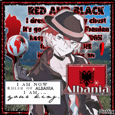 A Picture Of A Man In A Hat With The Words " I Am Now Ruler Of Albania I Am Your King " On It GIF