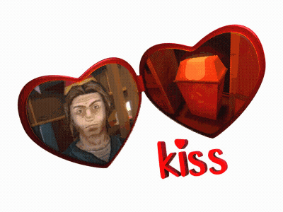 A Picture Of A Man In A Heart Shaped Mirror With The Word Kiss Underneath It GIF