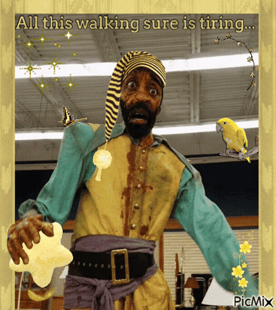 A Picture Of A Man In A Pirate Costume With The Caption All This Walking Sure Is Tiring GIF