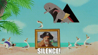 A Picture Of A Man In A Pirate Hat Is Surrounded By Seagulls And A Dolphin And Says Silence GIF