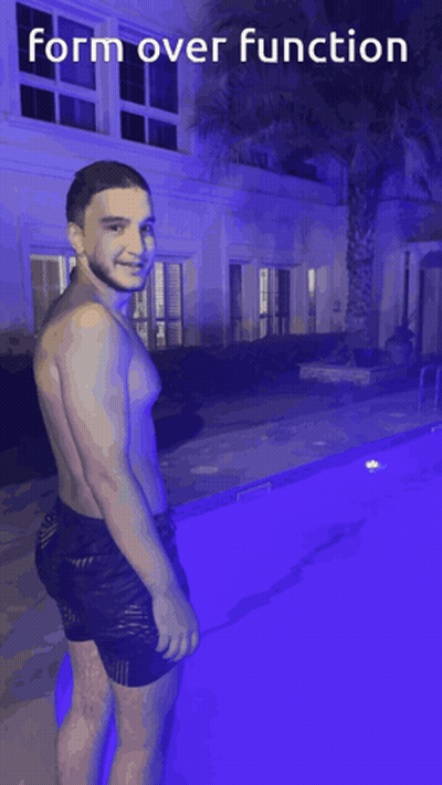 A Picture Of A Man In A Pool With The Words Form Over Function Above Him GIF