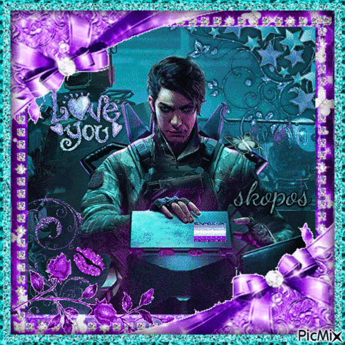 A Picture Of A Man In A Purple And Blue Frame With The Words Love You Skopos GIF