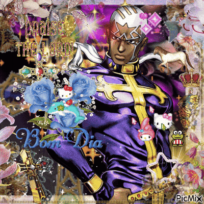 A Picture Of A Man In A Purple Suit With Flowers And The Words Bom Dia GIF