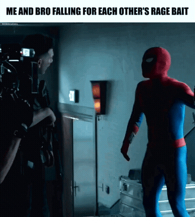 A Picture Of A Man In A Spiderman Costume With The Caption Me And Bro Falling For Each Other GIF