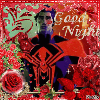 A Picture Of A Man In A Spiderman Costume With The Words Good Night On It GIF