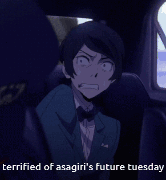 A Picture Of A Man In A Suit And Bow Tie With The Caption Terrified Of Asagiri 'S Future Tuesday GIF