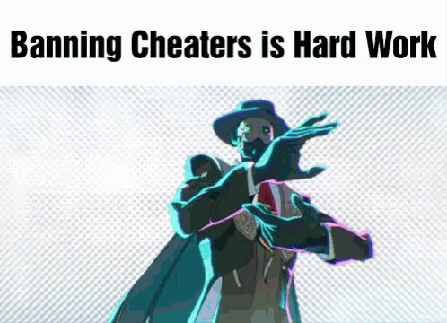 A Picture Of A Man In A Suit And Hat With The Words Banning Cheaters Is Hard Work Below Him GIF