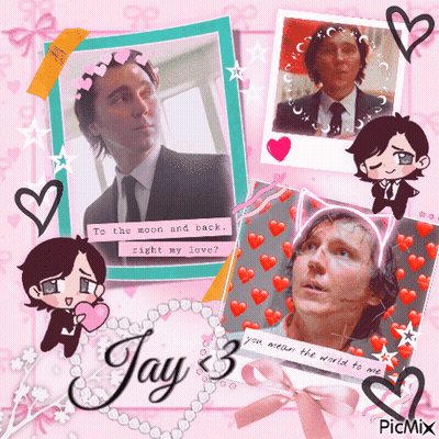 A Picture Of A Man In A Suit And Tie Surrounded By Hearts And The Name Jay 3 GIF