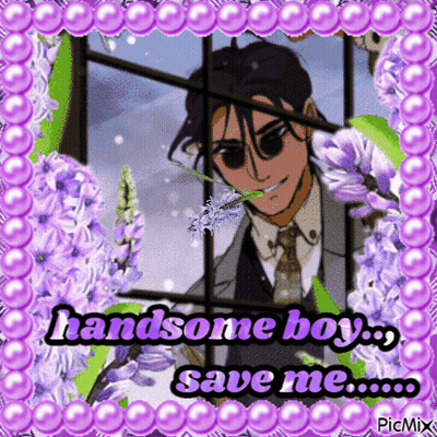 A Picture Of A Man In A Suit And Tie With Purple Flowers And The Words Handsome Boy Save Me GIF