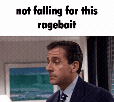 a picture of a man in a suit and tie with the words not falling for this ragebait above him