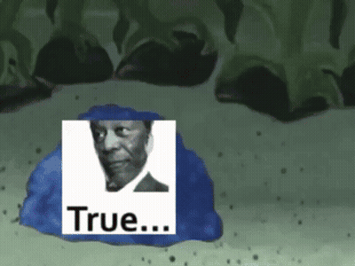 A Picture Of A Man In A Suit Is On A Blue Blob That Says True . GIF