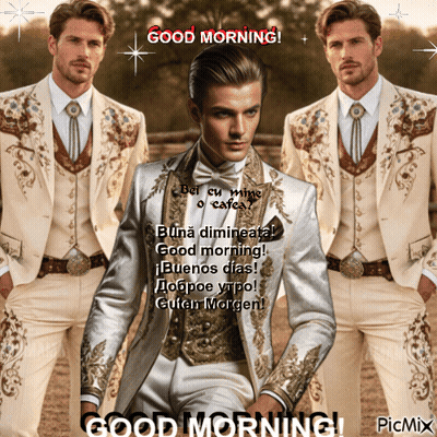 A Picture Of A Man In A Suit With The Words Good Morning On It GIF