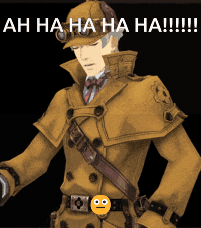 A Picture Of A Man In A Trench Coat And Hat With The Caption Ah Haha Ha Ha !!! GIF