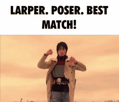 A Picture Of A Man In A Trench Coat With The Words Larper Poser Best Match Written Above Him GIF