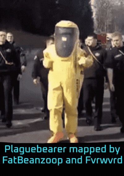 A Picture Of A Man In A Yellow Hazmat Suit With The Words Plaguebearer Mapped By Fatbeanzoop And Fvrwwrd GIF