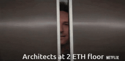 A Picture Of A Man In An Elevator With The Words Architects At 2 Eth Floor Netflix GIF