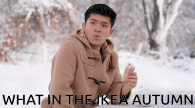 A Picture Of A Man In The Snow With The Words What In The Ikea Autumn On The Bottom GIF