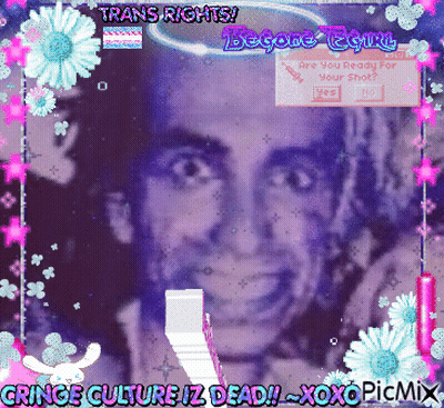 A Picture Of A Man Is Surrounded By Flowers And Says " Trans Rights " GIF