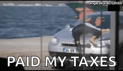A Picture Of A Man Jumping Into A Car With The Caption Paid My Taxes GIF