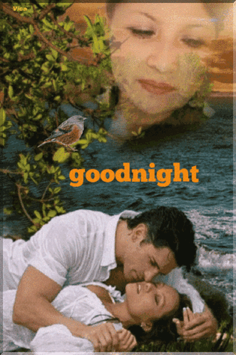 A Picture Of A Man Kissing A Woman With The Words Goodnight Written On The Bottom GIF