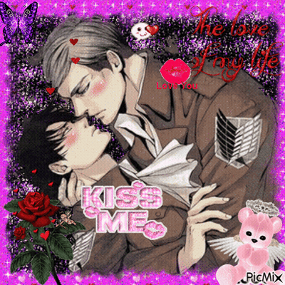 A Picture Of A Man Kissing Another Man With The Words Kiss Me On It GIF
