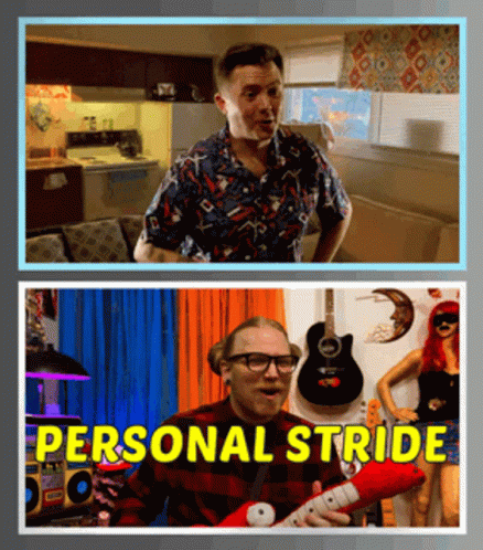 A Picture Of A Man Playing A Guitar And A Picture Of A Woman With The Words Personal Stride On It GIF