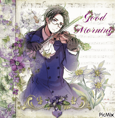 A Picture Of A Man Playing A Violin With The Words Good Morning Below Him GIF